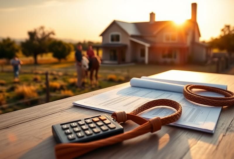 Sunlit Texas ranch with Houston suburban home, desk with property tax documents and lasso, symbolizing