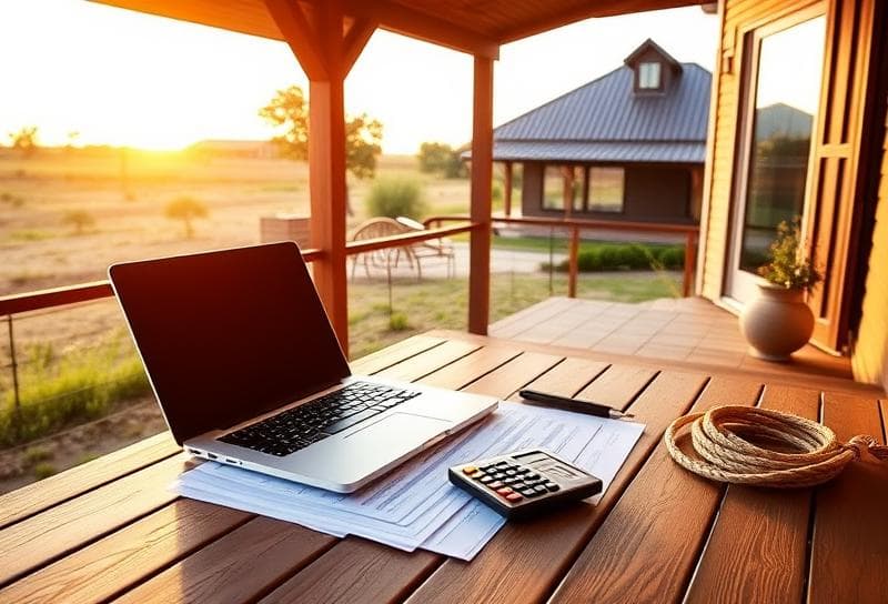Sunlit Texas ranch with suburban home, desk with tax documents, laptop, and lasso for home