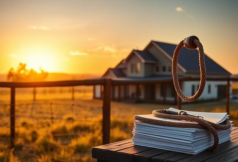 Sunlit Texas ranch with suburban home, lasso on fence, and property documents, highlighting Harris County