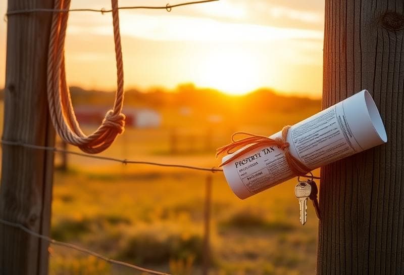 Texas ranch sunset with lasso, property tax document, and house keys symbolizing homeowner lookup.