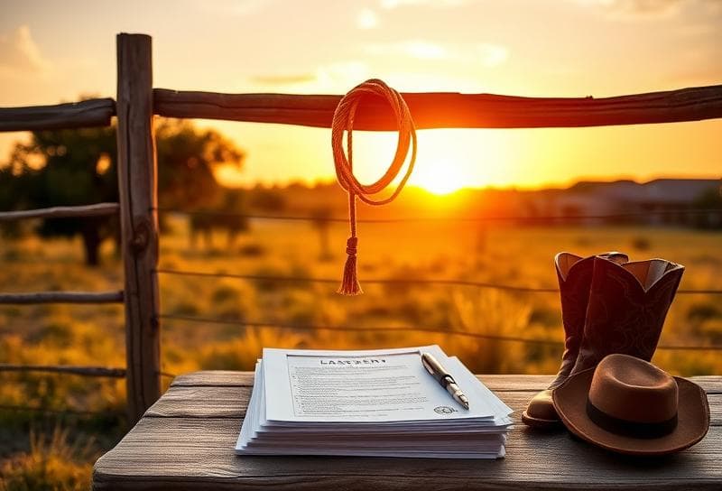 Texas ranch sunset with lasso, property documents, and cowboy boots symbolizing modern property online auctions.