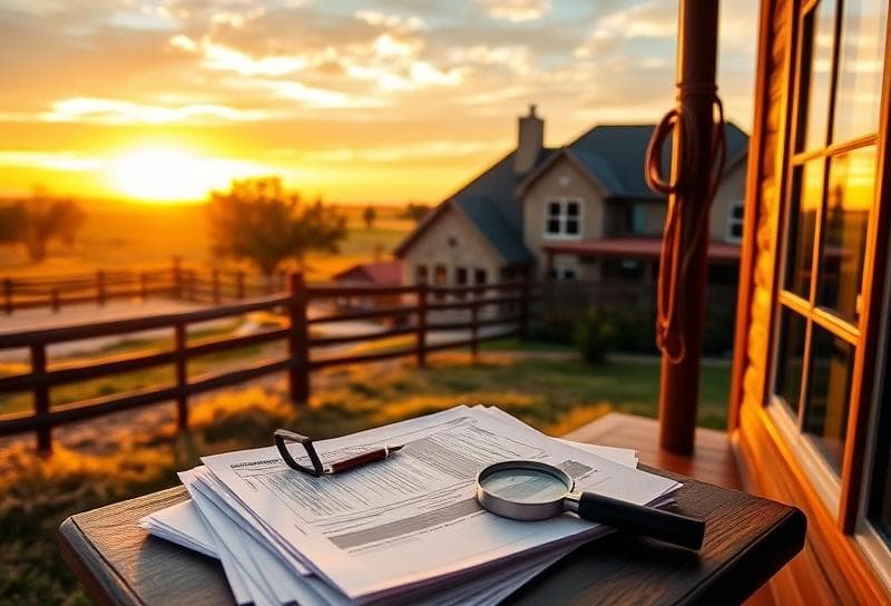 Texas ranch sunset with suburban home, lasso on fence, and Harris County property tax documents