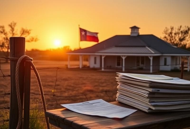 Texas ranch sunset with a modern home, lasso on a fence, and property tax documents
