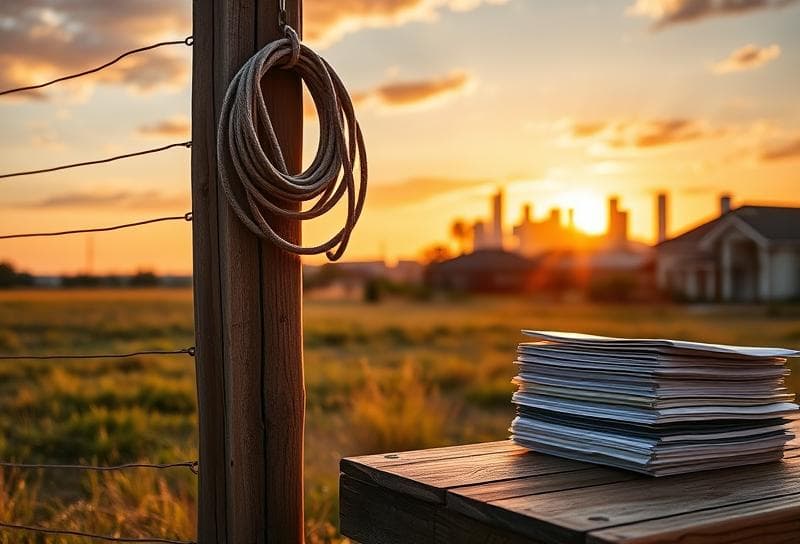 Sunset over a Texas ranch with property tax documents, lasso, and Houston skyline