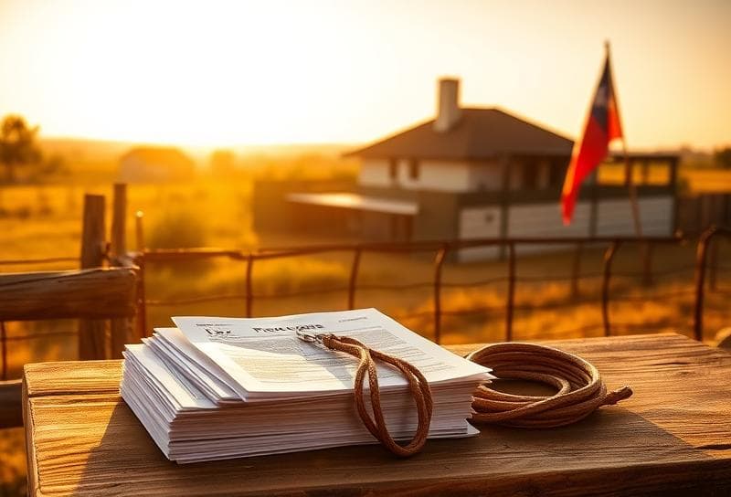 Texas ranch landscape with property tax documents, lasso, and Houston suburban neighborhood in the background.