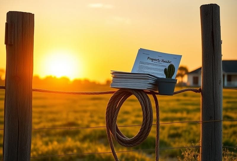 Sunset Texas ranch with suburban Houston, lasso on fence, property tax documents, and potted cactus
