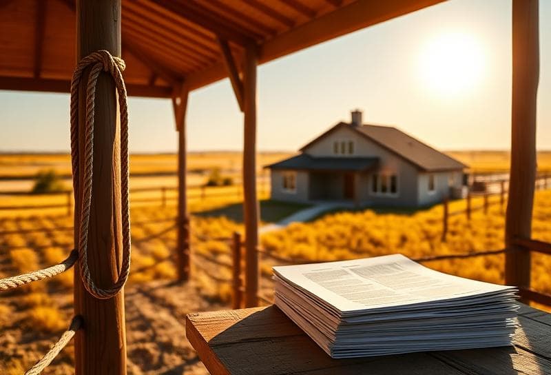 Houston ranch house with lasso, property tax documents, and golden Texas fields under blue sky.