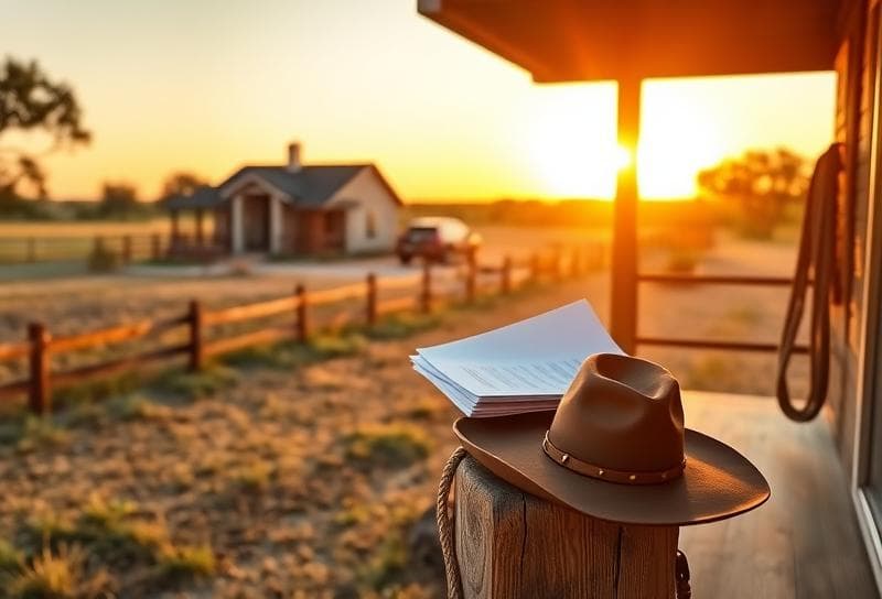 Texas ranch sunset with Houston-style home, property tax documents, cowboy hat, and lasso on porch