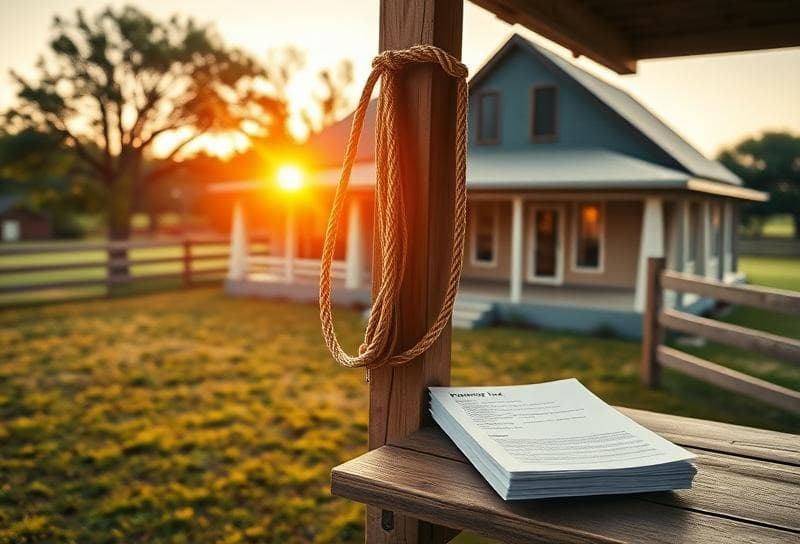 Texas ranch sunset with modern Houston home, lasso on fence, and property tax documents on