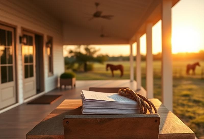 Texas ranch home with property tax documents and lasso, symbolizing savings with a property tax