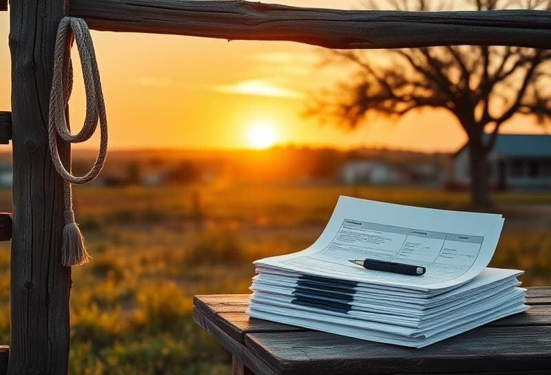 Sunset over a Texas ranch with a lasso on a fence, property tax documents