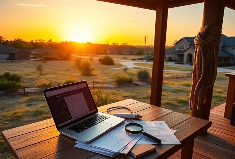 Sunset Texas ranch with Houston suburb, desk setup for homeowner records search, lasso on post.