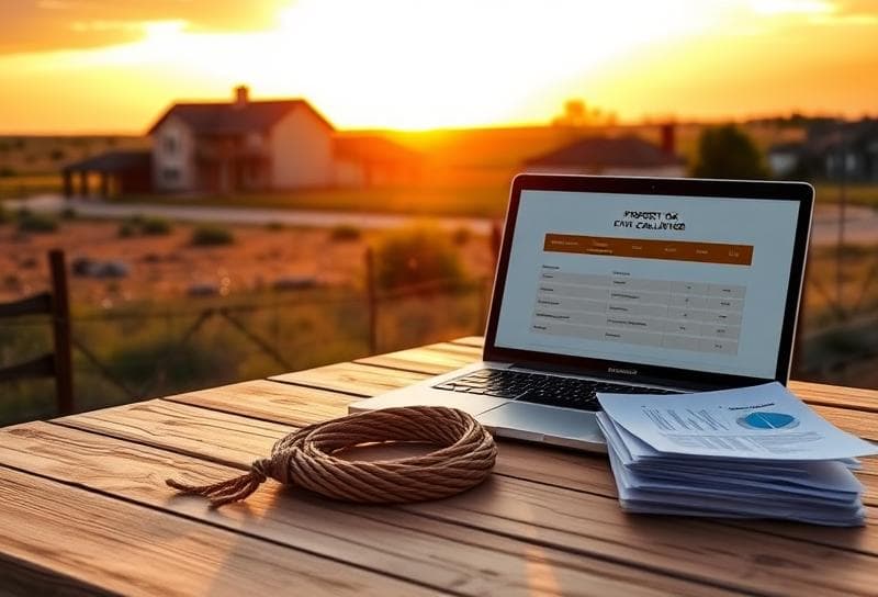 Sunset Texas ranch scene with laptop displaying an appraisal website and lasso on a wooden