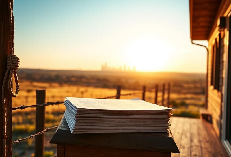 Texas ranch home with lasso on fence, Houston skyline, and homestead tax credit documents