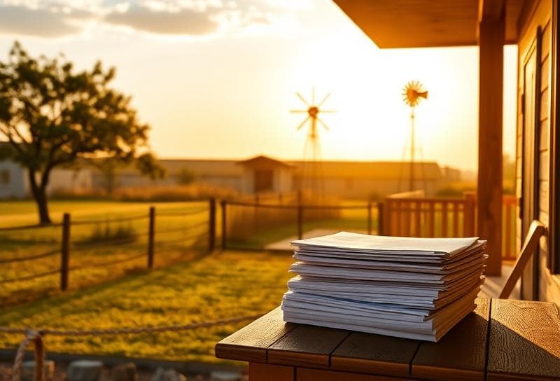 Houston suburban home with property documents, windmill, and lasso under golden-hour Texas sky.
