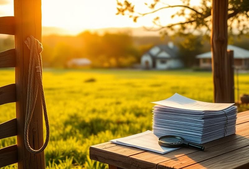 Serene Texas ranch with property tax documents, lasso, and Houston suburbs in the background, highlighting