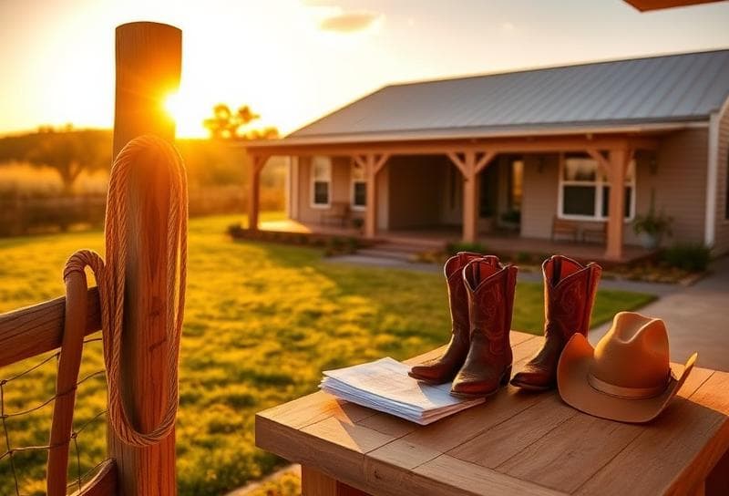 Texas ranch house with property tax documents, cowboy boots, and a lasso on a wooden