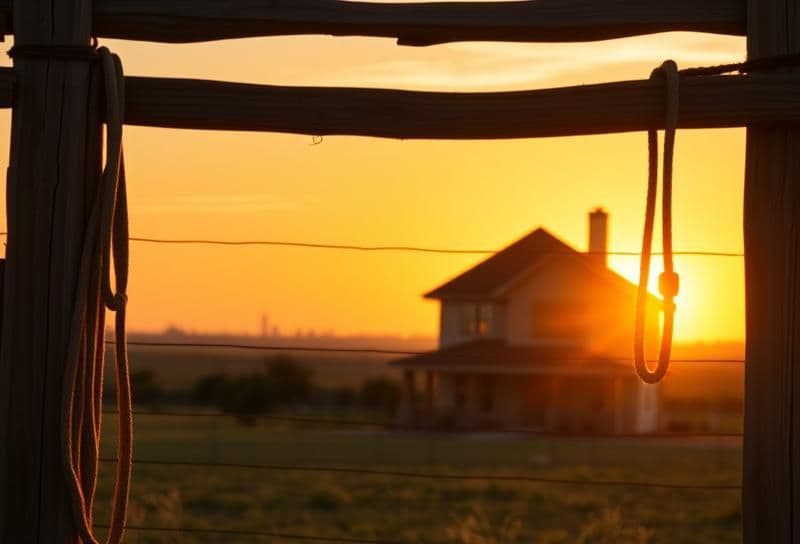 Texas ranch sunset with modern Houston home, lasso on fence, and city skyline, symbolizing property