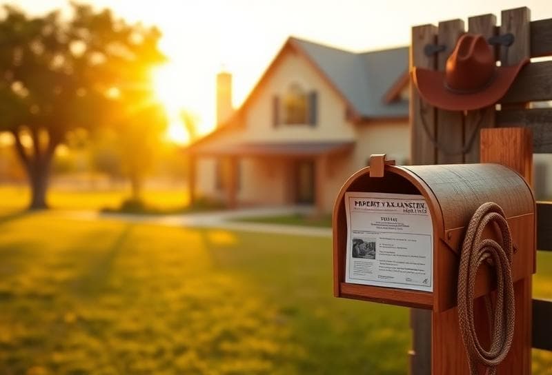 Modern Houston suburban home with a Texas ranch backdrop, cowboy hat, and property tax notice