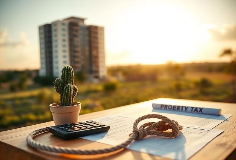 Sunlit Texas ranch with modern apartment building, property tax documents, and lasso on desk.