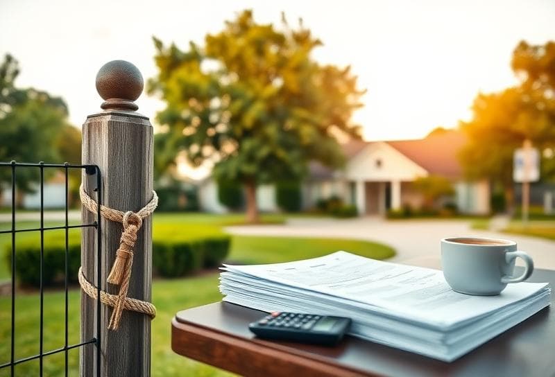 Modern Houston suburban home with lush greenery, lasso-themed fence post, and property tax documents, symbolizing