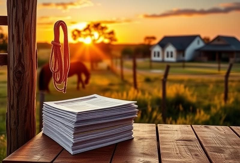 Serene Texas ranch sunset with Houston suburbs, lasso on fence, and property tax documents for