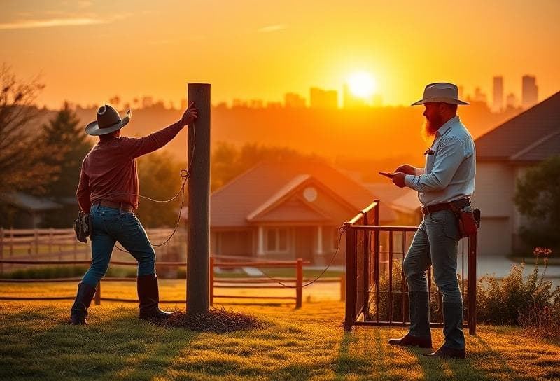Texas ranch sunset with cowboy lassoing, professional inspecting property, and Houston skyline in the distance.