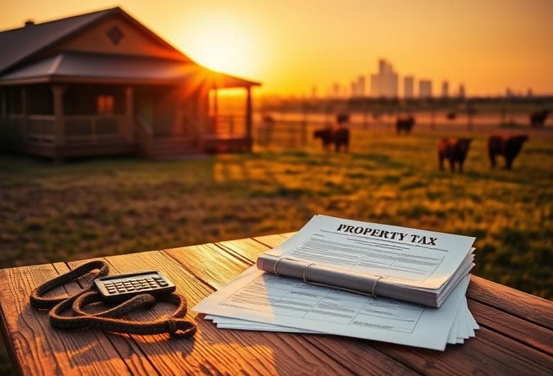 Texas ranch sunset with property tax documents, lasso, and Houston skyline in the distance, highlighting