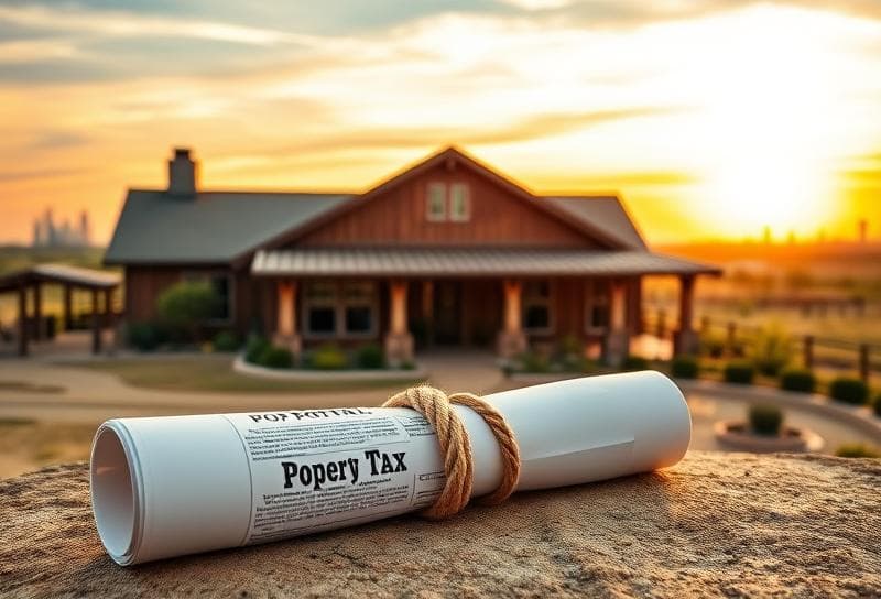 Rustic Houston ranch home with lasso-tied tax document under Texas sky, symbolizing bettencourt tax protest
