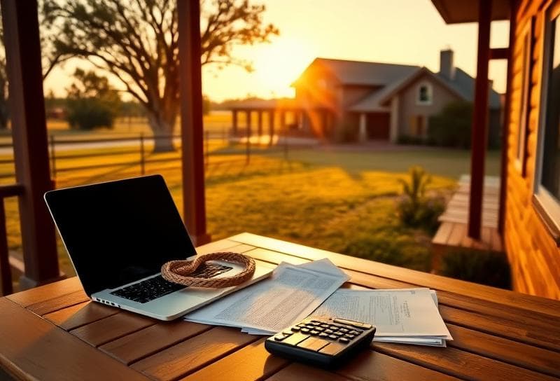 Sunlit Texas ranch with suburban home, desk with property tax documents, and lasso for back