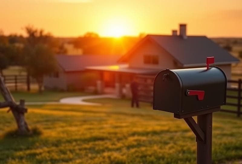 Texas ranch sunset with modern Houston home, cowboy tending fence, and property tax exemptions plaque.