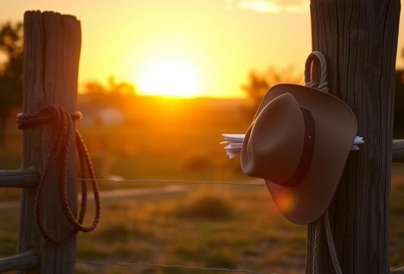 Texas ranch sunset with suburban Houston, lasso on fence, property tax documents, and cowboy hat