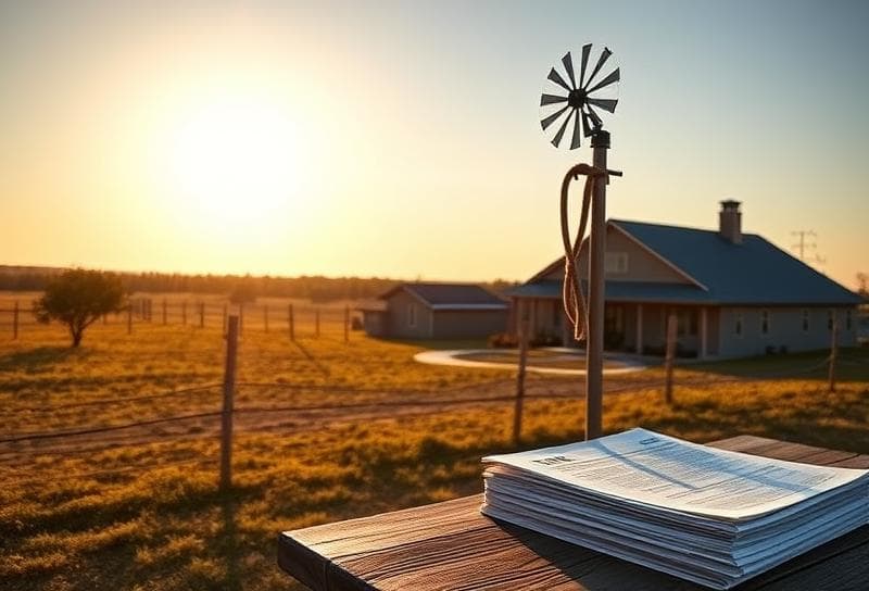 Sunlit Texas ranch with suburban home, lasso, and property tax documents on rustic table.