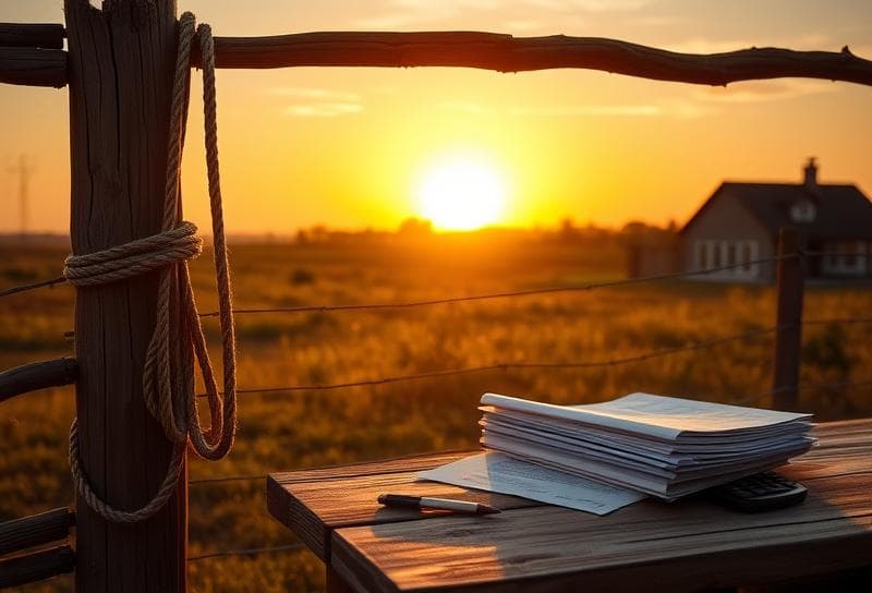 Texas ranch sunset with lasso, property tax documents, and calculator symbolizing tax relief help