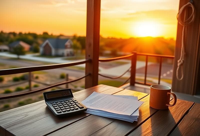 Sunset over a Texas ranch with Houston suburbs, desk with property tax documents, calculator, and