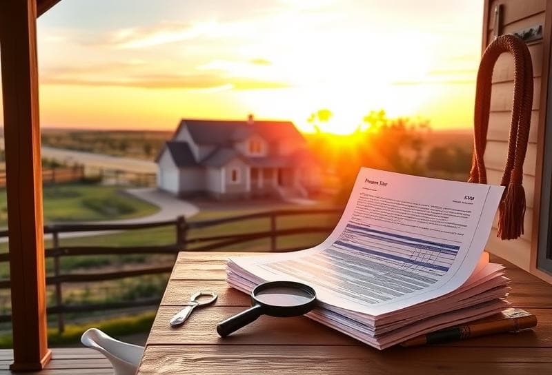 Texas ranch sunset with Houston home, lasso on fence, and property tax documents on porch