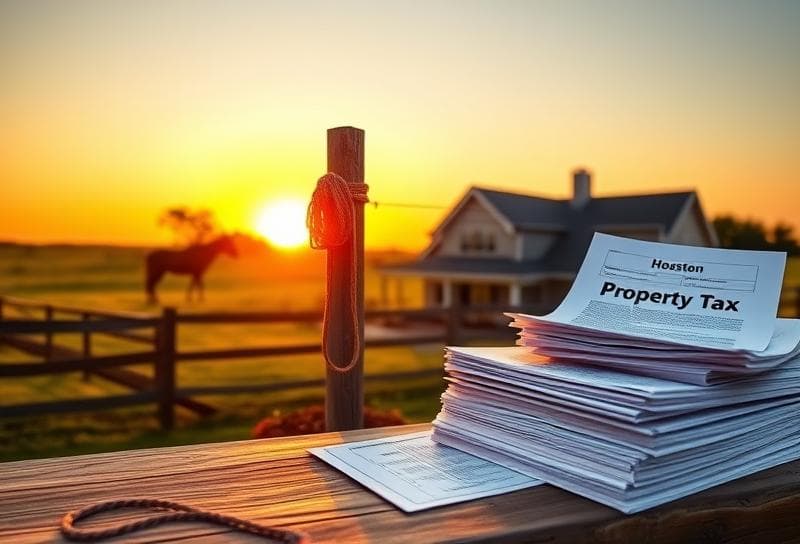 Sunset over a Texas ranch with a Houston-style home, lasso on fence, and property tax