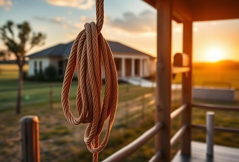 Texas ranch sunset with modern home, lasso on fence, and property tax document, symbolizing CAD