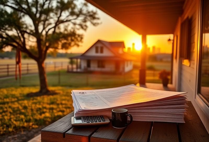 Texas ranch sunset with Houston home, property tax documents, and lasso for maximum tax return