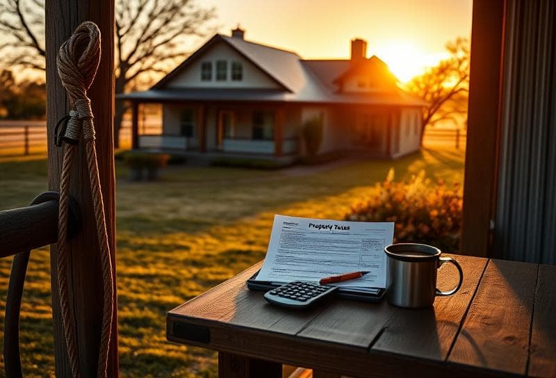 Golden hour Texas ranch with Houston-style home, lasso on fence, and property tax documents on