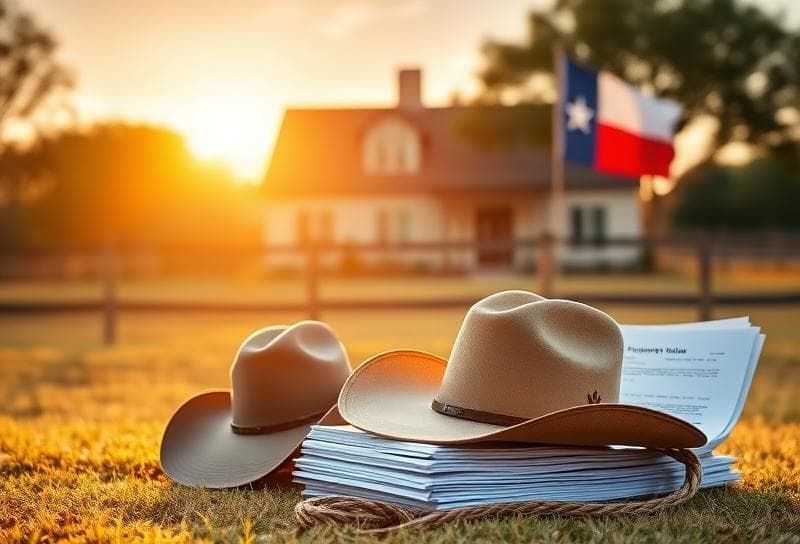 Cowboy hat and lasso on property tax documents with Houston ranch backdrop, offering small business