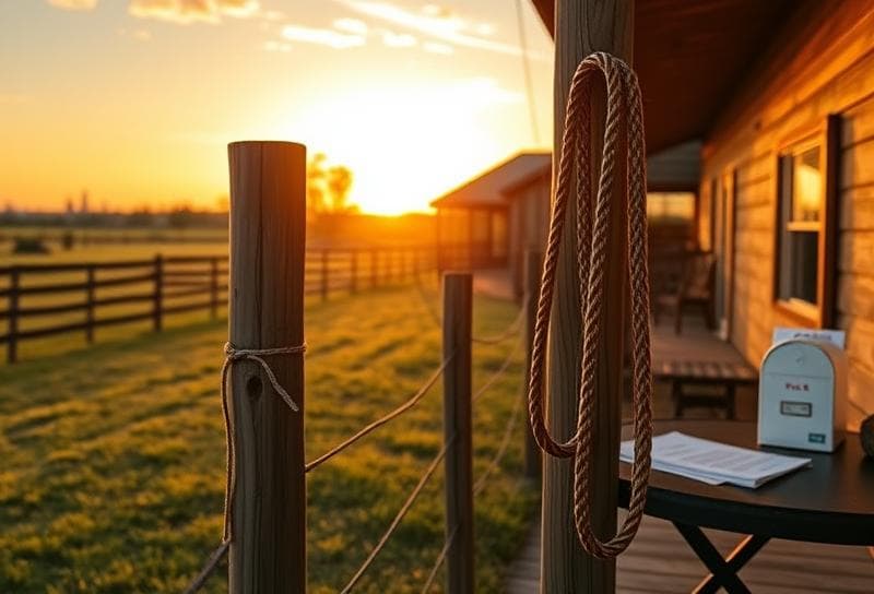 Texas ranch at sunset with lasso on fence, Houston skyline, and property tax documents on