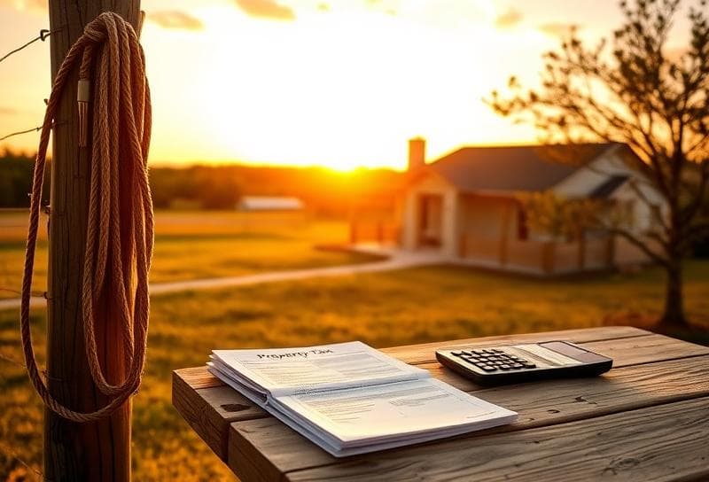 Texas ranch sunset with suburban home, lasso on fence, and property tax documents for tax