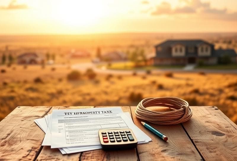 Rustic Texas ranch scene with property tax documents, lasso, and calculator
