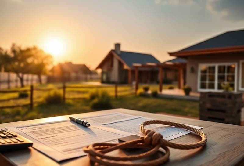 Sunlit Texas ranch with suburban home, desk with property tax documents, and lasso symbolizing sales