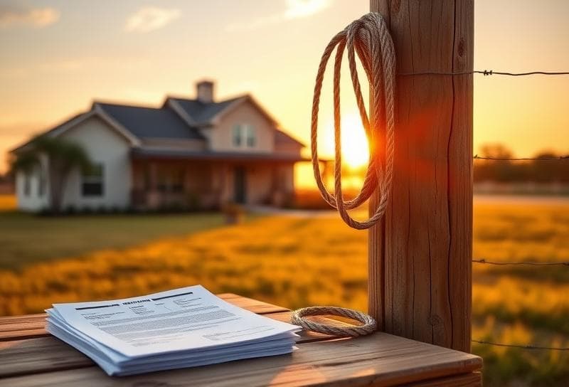 Texas ranch sunset with a lasso on a fence, property tax documents on a rustic