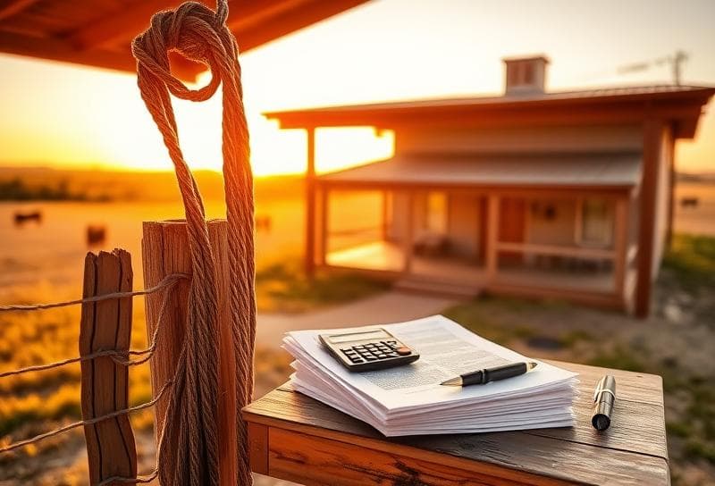 Texas ranch sunset with property tax documents, lasso, and grazing cattle symbolizing personal property taxes