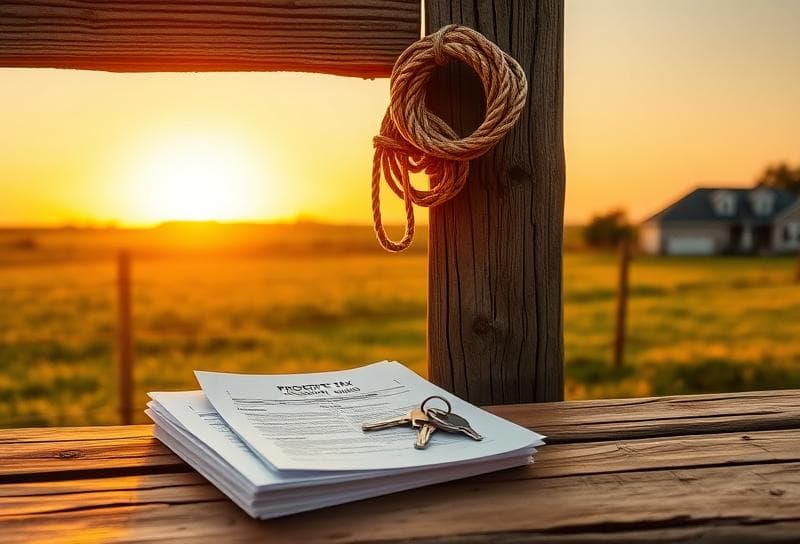 Texas ranch sunset with property tax documents, house keys, and lasso on a rustic fence