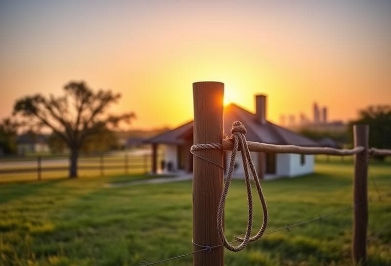 Sunset over a Texas ranch with a Houston-style home, lasso on fence, and distant Houston