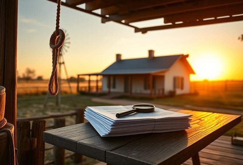 Texas ranch sunset with property tax documents, lasso, and windmill symbolizing discounts on property taxes.